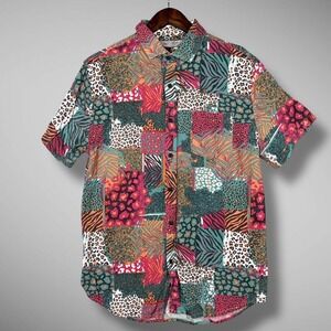 Vintage Re-Mastered Patchwork Animal Print Short Sleeve Button Up Shirt‎ S